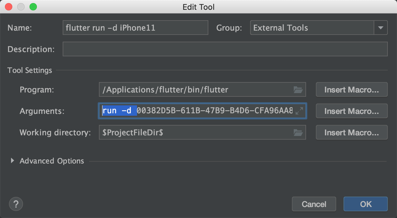 webstorm flutter run -d deviceid